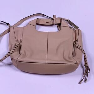 Vince Camuto Cory Satchel Crossbody Leather Bag Beige Zipper Purse Tassels